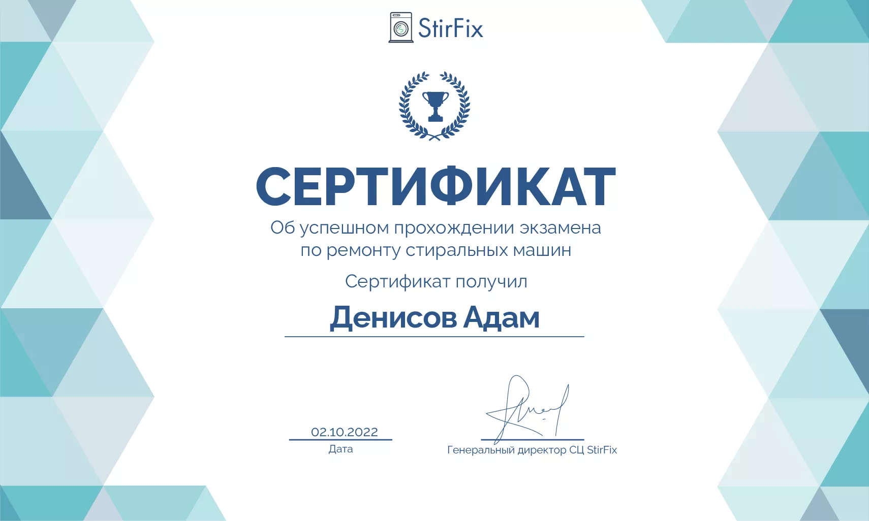 Денисов Адам сертификат мастера по ремонту стиральных машин